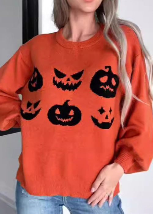 Loose Orange O Neck Cozy Knit Sweater Long Sleeve Ae1004