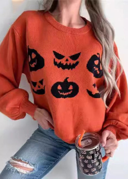 Loose Orange O Neck Cozy Knit Sweater Long Sleeve Ae1004