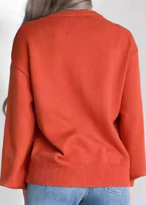 Loose Orange O Neck Cozy Knit Sweater Long Sleeve Ae1004