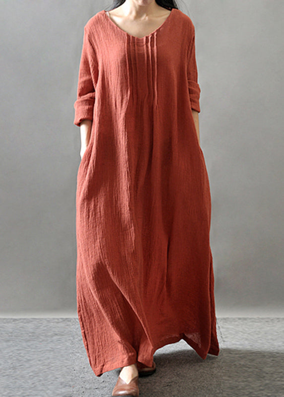 Loose Orange O-neck Long Dress Spring Vv065