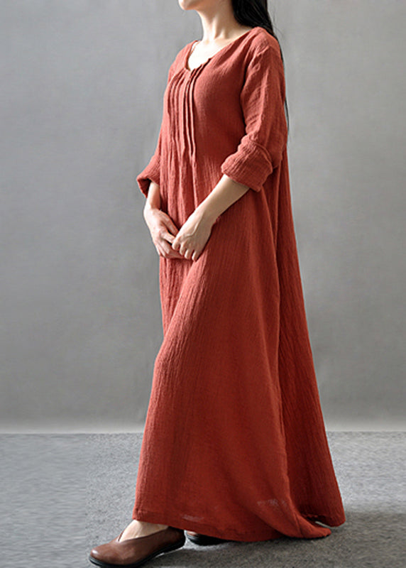 Loose Orange O-neck Long Dress Spring Vv065