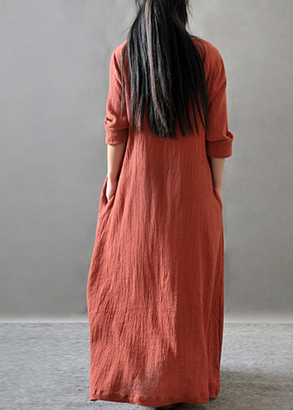 Loose Orange O-neck Long Dress Spring Vv065