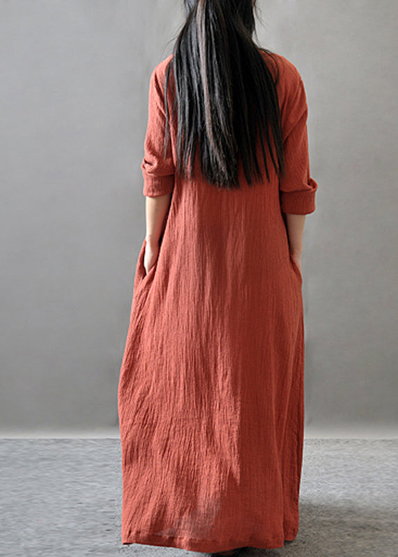 Loose Orange O-neck Long Dress Spring Vv065