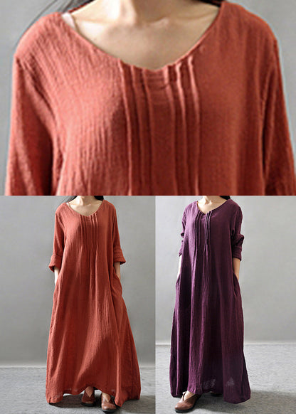Loose Orange O-neck Long Dress Spring Vv065
