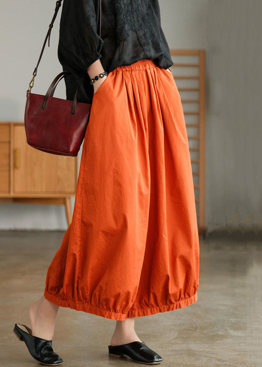Loose Orange Pockets Elastic Waist Cotton Crop Pants Summer Vv051
