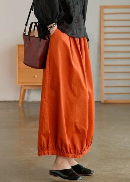Loose Orange Pockets Elastic Waist Cotton Crop Pants Summer Vv051