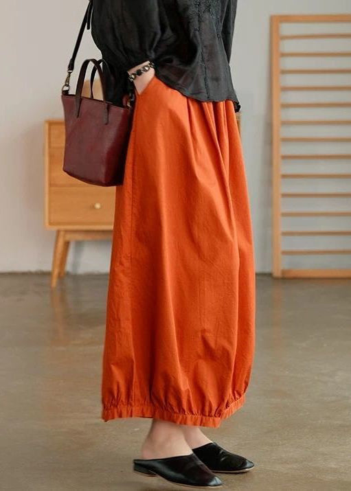 Loose Orange Pockets Elastic Waist Cotton Crop Pants Summer Vv051