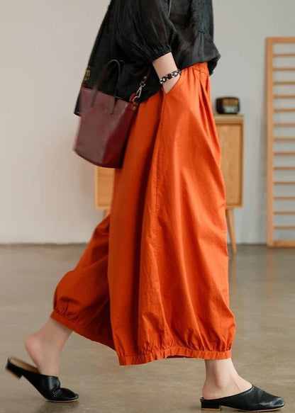 Loose Orange Pockets Elastic Waist Cotton Crop Pants Summer Vv051