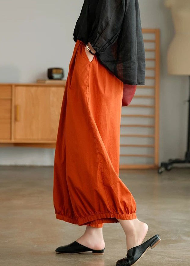 Loose Orange Pockets Elastic Waist Cotton Crop Pants Summer Vv051