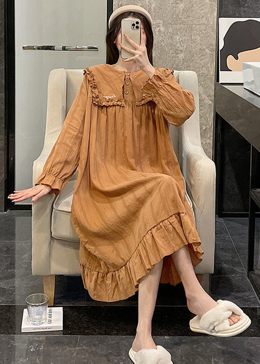 Loose Orange Sailor Collar Patchwork Wrinkled Cotton Maxi Dress Long Sleeve Ly1868