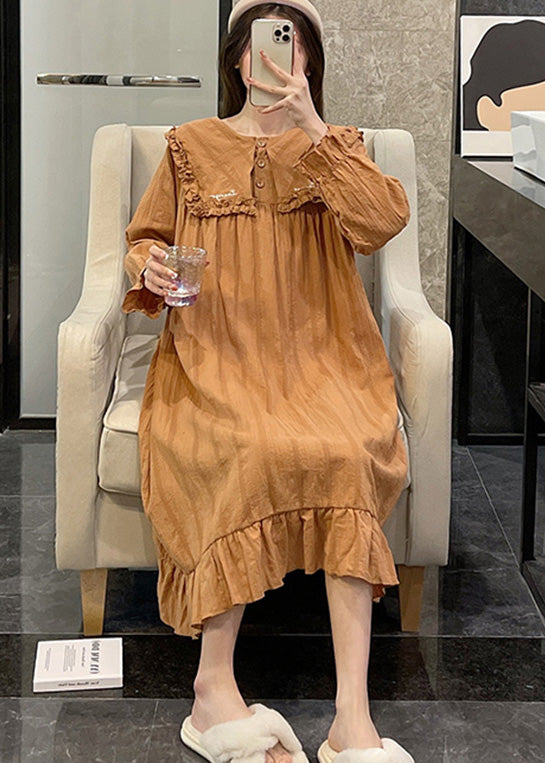 Loose Orange Sailor Collar Patchwork Wrinkled Cotton Maxi Dress Long Sleeve Ly1868