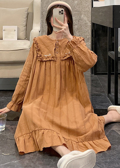 Loose Orange Sailor Collar Patchwork Wrinkled Cotton Maxi Dress Long Sleeve Ly1868