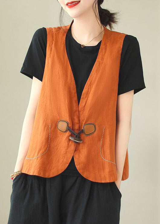 Neck Sleeveless Waistcoat Loose Linen V Button Orange