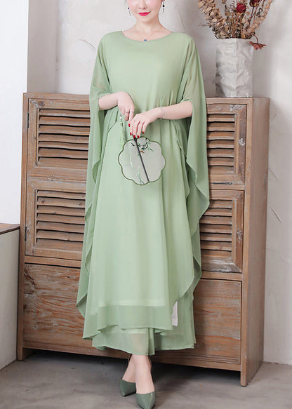 Loose Pea Green O-neck Chiffon Maxi Dresses Spring Ly1730