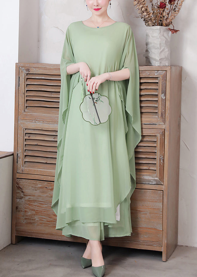 Loose Pea Green O-neck Chiffon Maxi Dresses Spring Ly1730