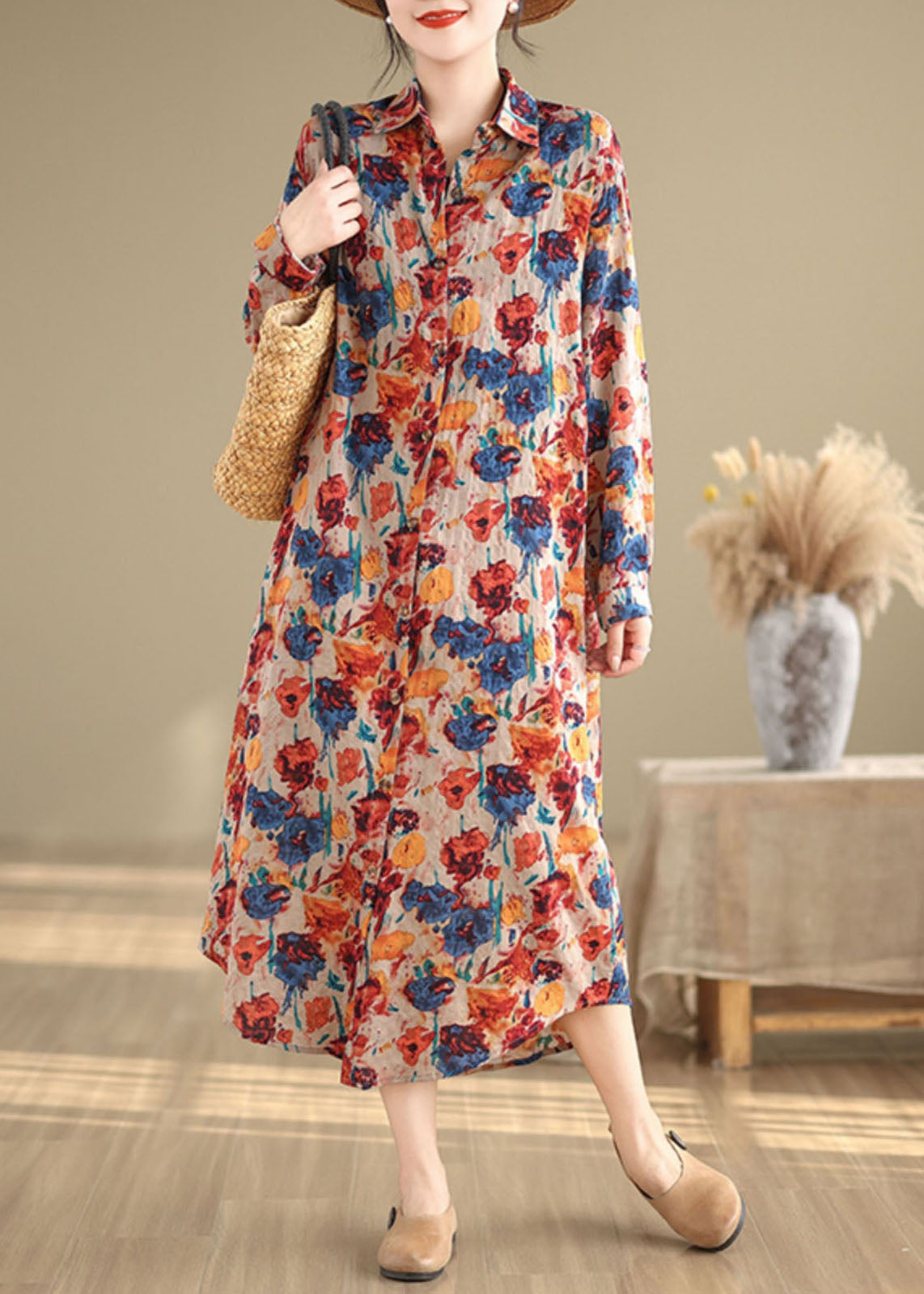 Loose Peter Pan Collar Print Cotton Shirts Cardigan Long Sleeve Ap086