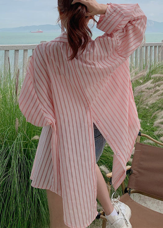 Loose Pink Button Pockets Cotton Blouses Long Sleeve Re013