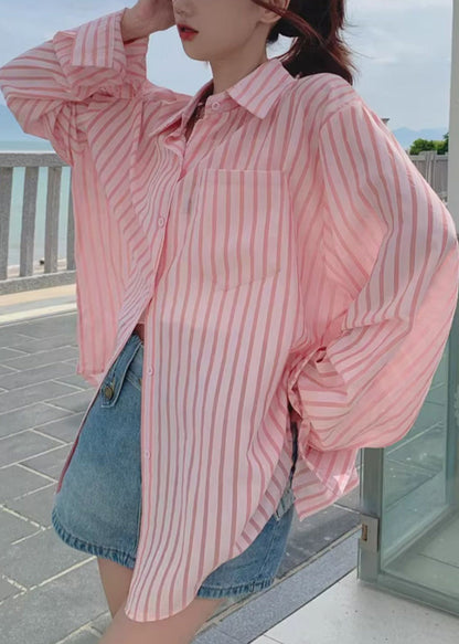 Loose Pink Button Pockets Cotton Blouses Long Sleeve Re013