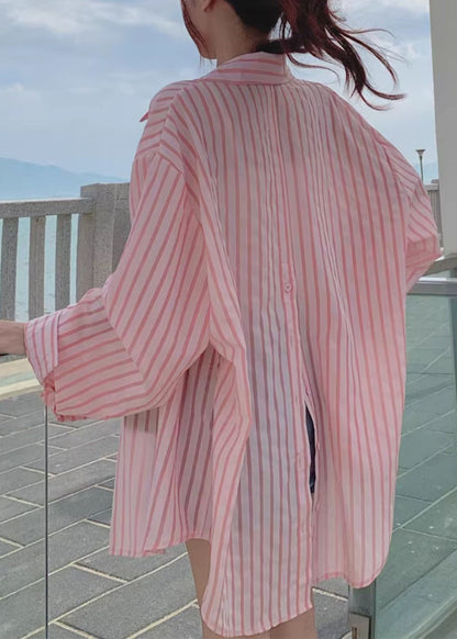 Loose Pink Button Pockets Cotton Blouses Long Sleeve Re013