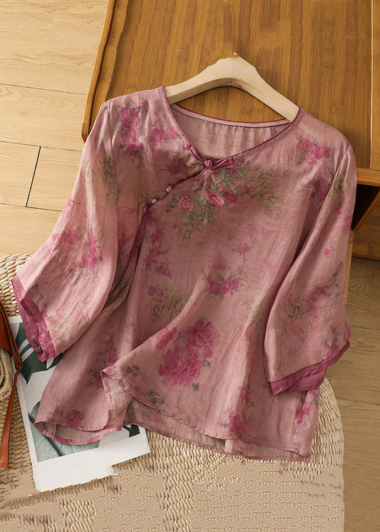 Loose Pink Button Print Linen Blouses Bracelet Sleeve Jh053
