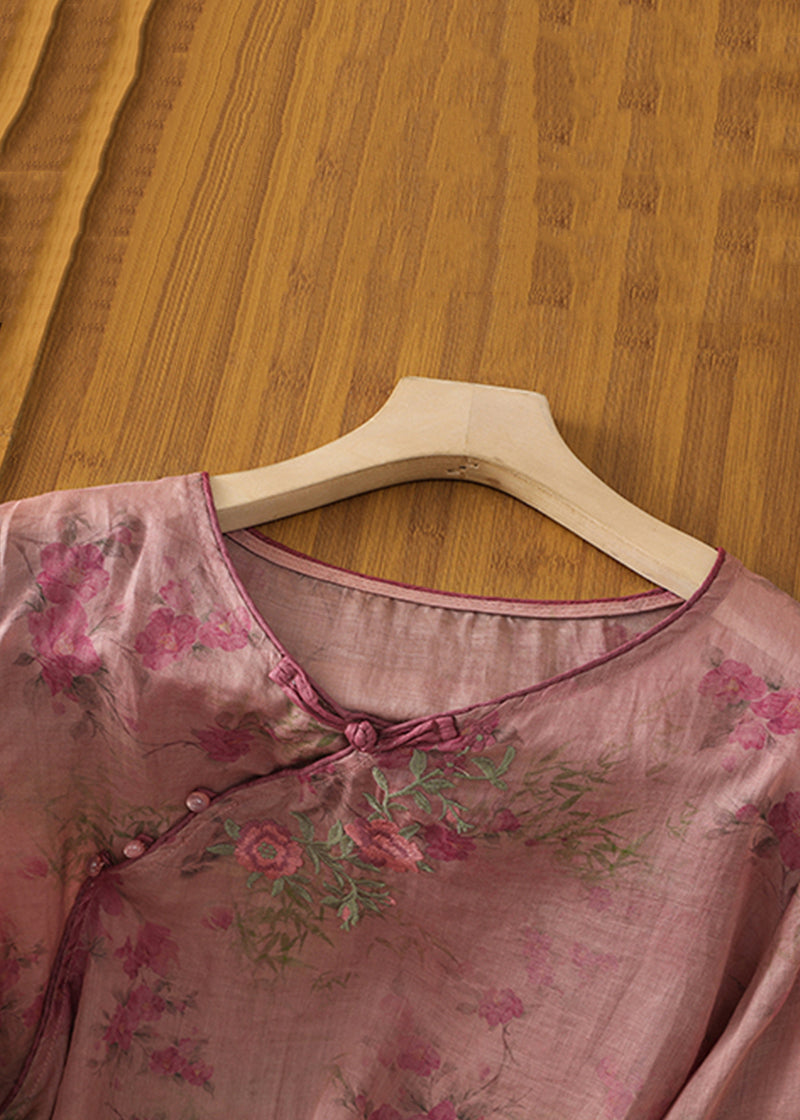 Loose Pink Button Print Linen Blouses Bracelet Sleeve Jh053
