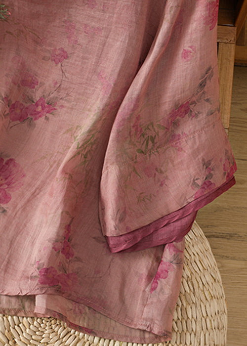 Loose Pink Button Print Linen Blouses Bracelet Sleeve Jh053