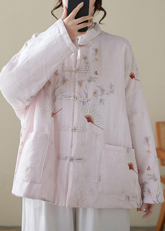 Loose Pink Button Print Pockets Winter Thick Coats Qg021