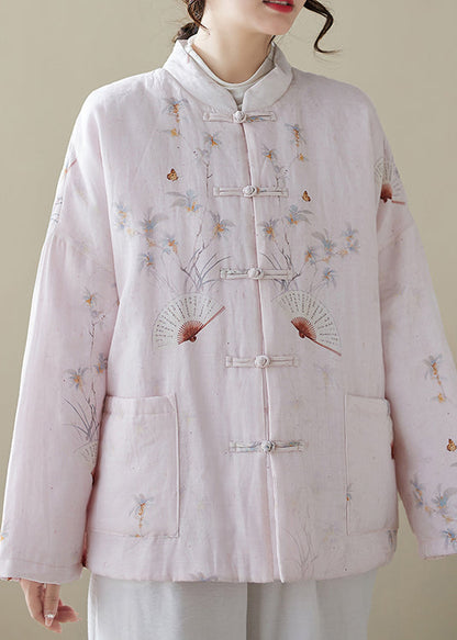 Loose Pink Button Print Pockets Winter Thick Coats Qg021