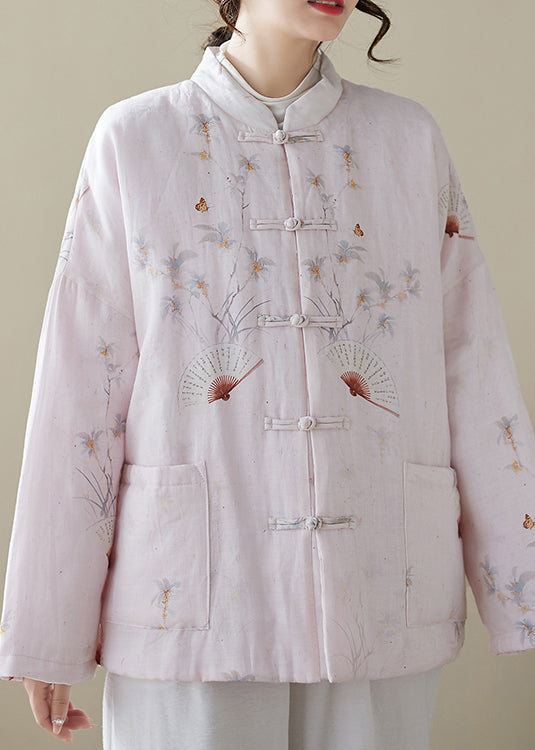 Loose Pink Button Print Pockets Winter Thick Coats Qg021