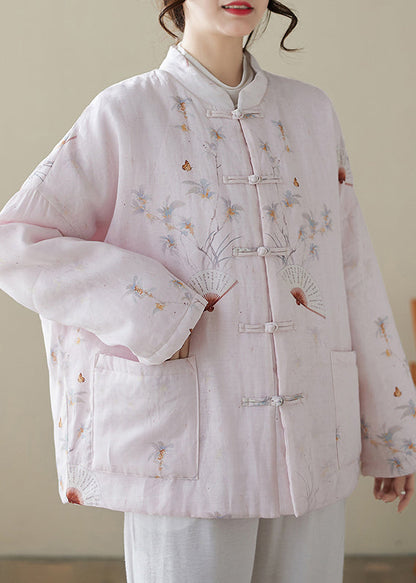 Loose Pink Button Print Pockets Winter Thick Coats Qg021