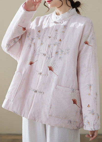 Loose Pink Button Print Pockets Winter Thick Coats Qg021