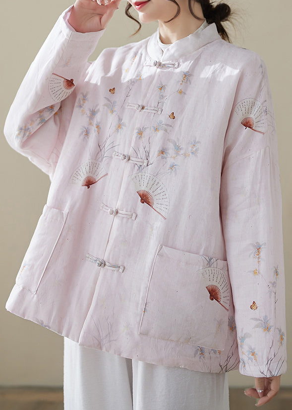 Loose Pink Button Print Pockets Winter Thick Coats Qg021