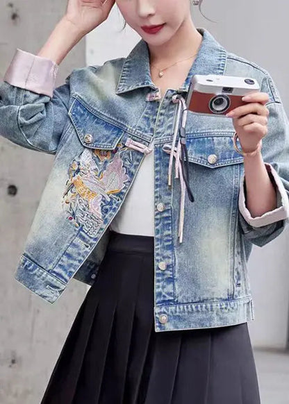 Loose Pink Embroidered Button Denim Coat Long Sleeve Cg1035