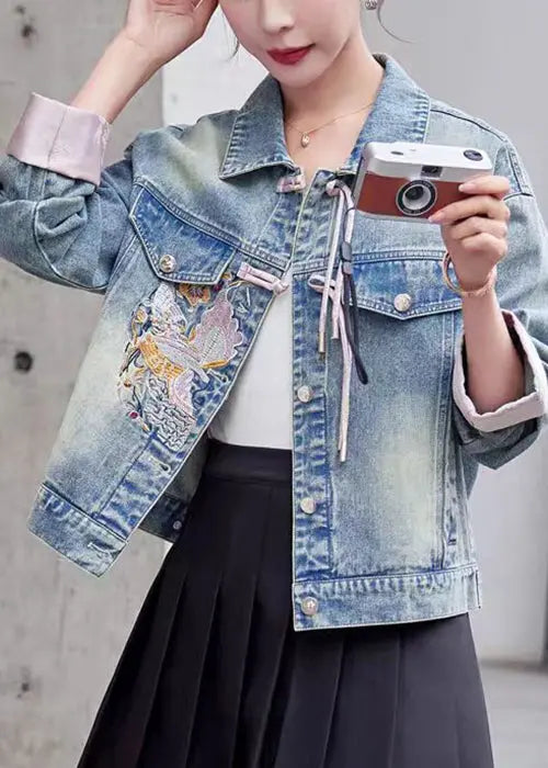 Loose Pink Embroidered Button Denim Coat Long Sleeve Cg1035