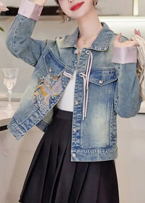 Loose Pink Embroidered Button Denim Coat Long Sleeve Cg1035