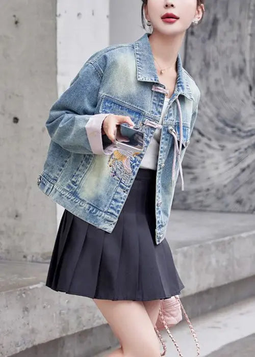 Loose Pink Embroidered Button Denim Coat Long Sleeve Cg1035
