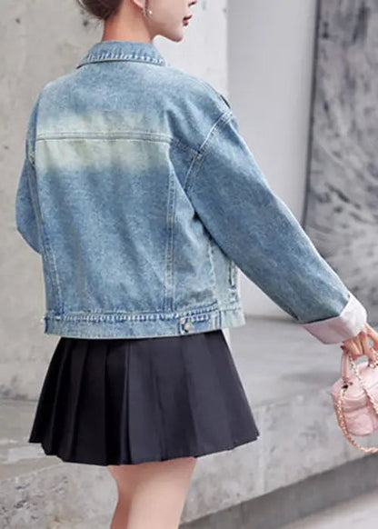 Loose Pink Embroidered Button Denim Coat Long Sleeve Cg1035