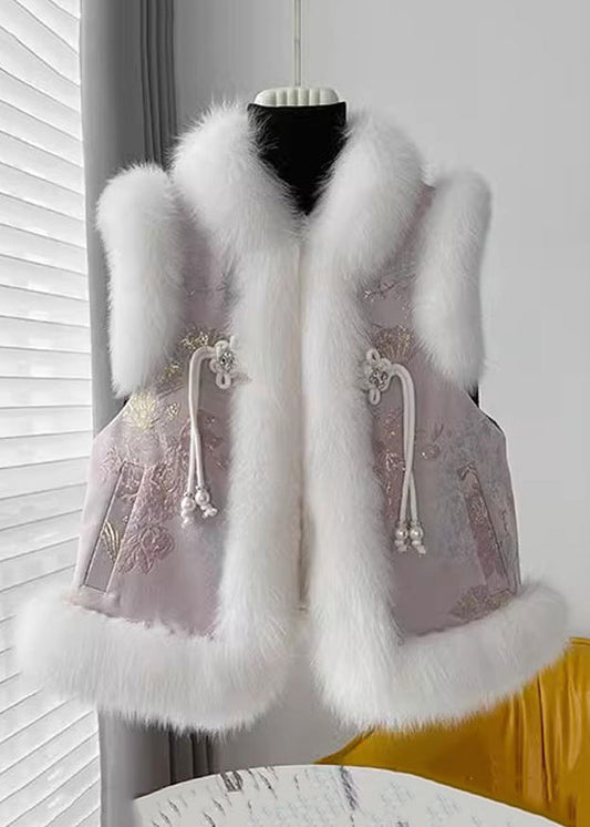 Loose Pink Fur Collar Patchwork Cotton Filled Waistcoat Sleeveless Rz033