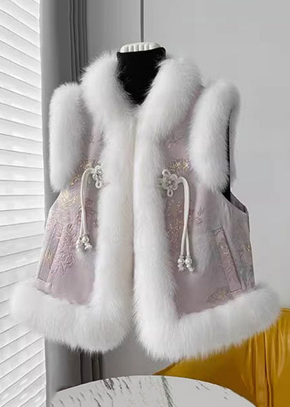 Loose Pink Fur Collar Patchwork Cotton Filled Waistcoat Sleeveless Rz033