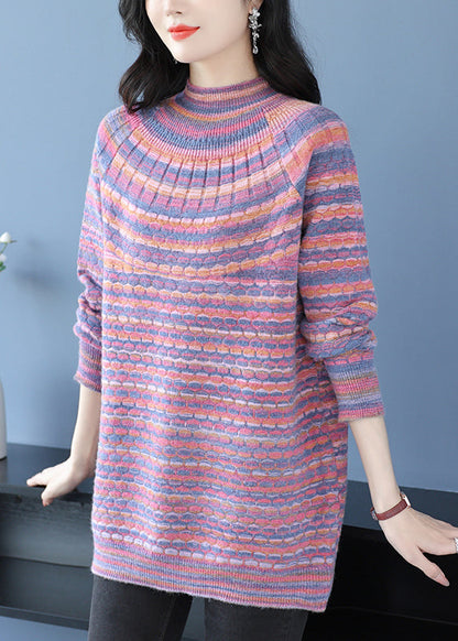 Loose Pink O Neck Jacquard Woolen Sweater Dress Winter Rl032
