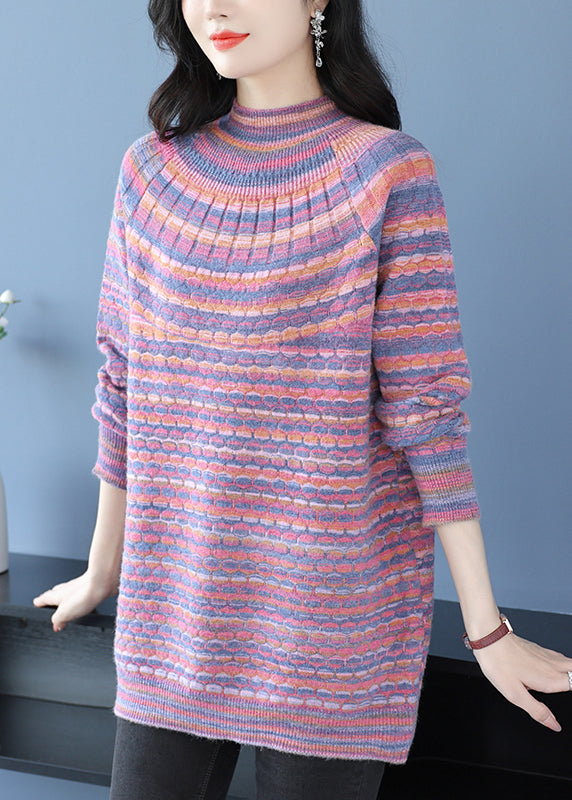 Loose Pink O Neck Jacquard Woolen Sweater Dress Winter Rl032