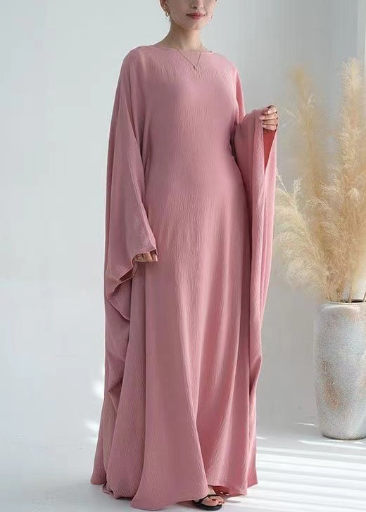 Loose Pink O Neck Ice Silk Maxi Dresses Batwing Sleeve Aa1051