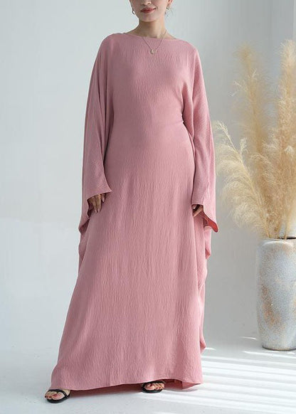 Loose Pink O Neck Ice Silk Maxi Dresses Batwing Sleeve Aa1051