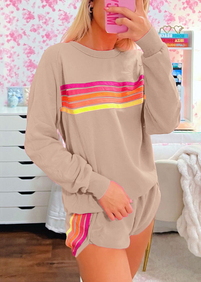 Shirt Shorts Two Set Pieces and Cotton Pink Loose T Striped