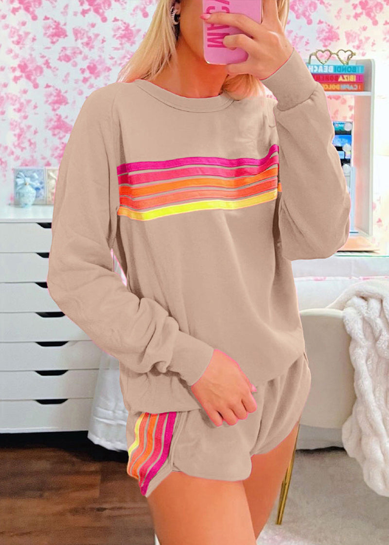 Shirt Shorts Two Set Pieces and Cotton Pink Loose T Striped