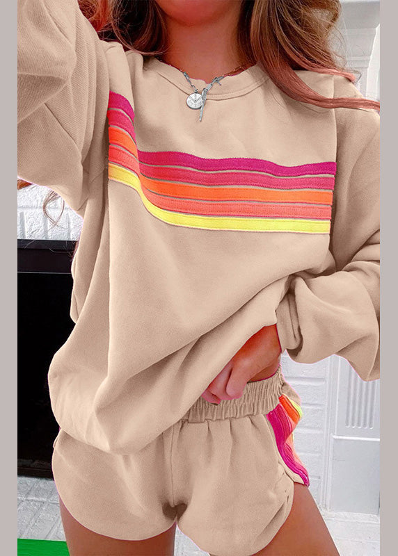 Shirt Shorts Two Set Pieces and Cotton Pink Loose T Striped