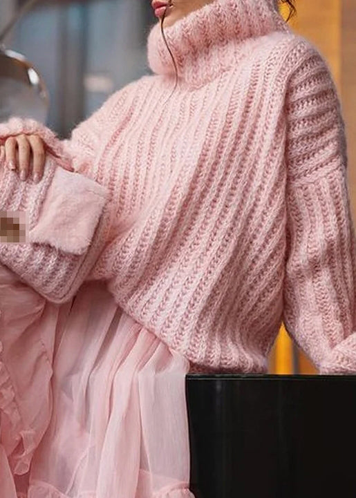 Loose Pink Turtleneck Knit Sweaters Spring Tf005