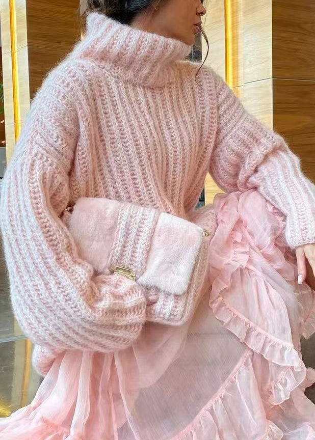 Loose Pink Turtleneck Knit Sweaters Spring Tf005