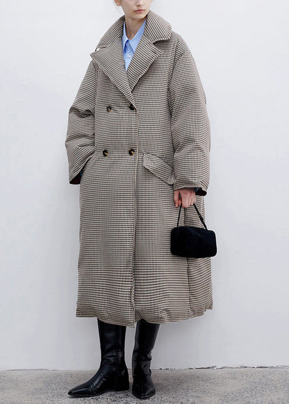 Loose Plaid Notched Double Breast Duck Down Long Coats Winter Yw033