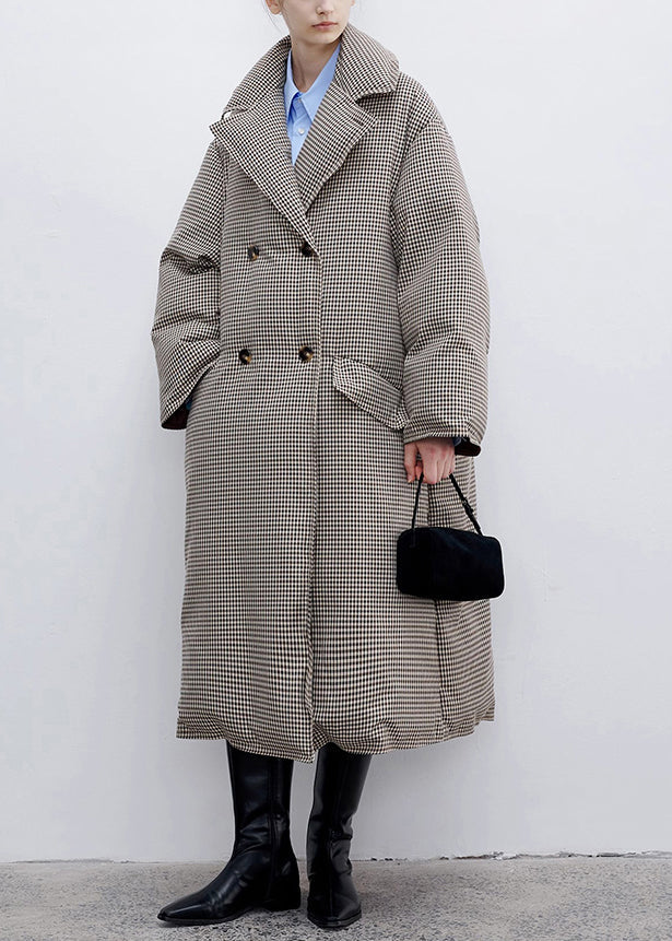 Loose Plaid Notched Double Breast Duck Down Long Coats Winter Yw033